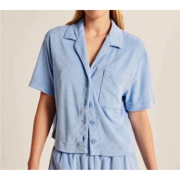 Abercrombie & Fitch Top Womens Medium Blue Terry Cloth Short Sleeve Shirt Y2k - Picture 2 of 8